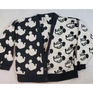 Vtg Disney Mickey & Co. Mouse Black & White Print Cotton Sweater Cardigan Large